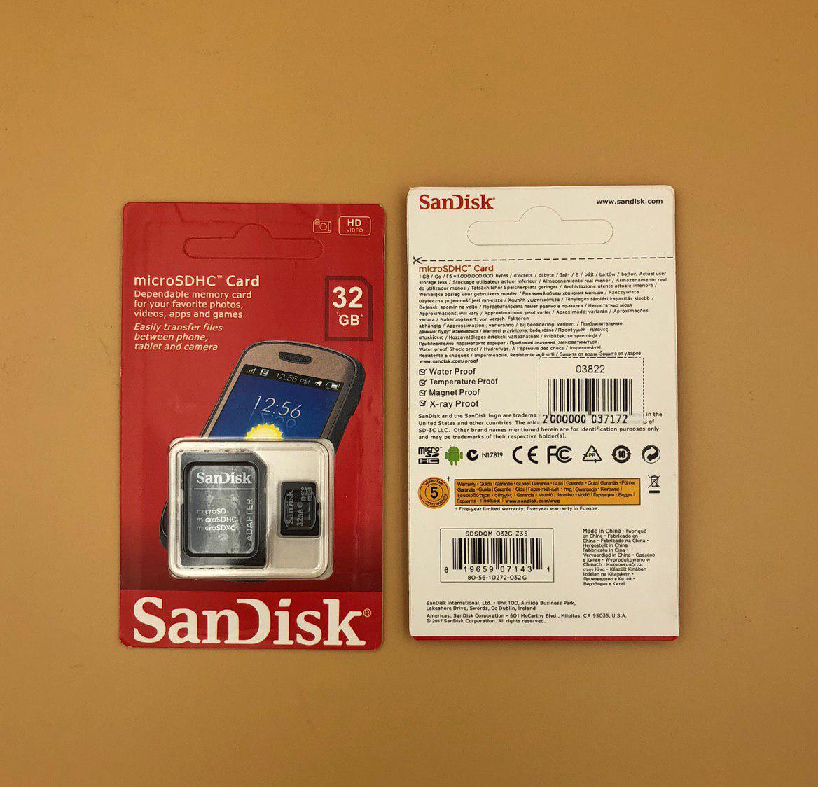 MicroSDHC SanDisk + адаптер, Class10, 32Gb + упак.