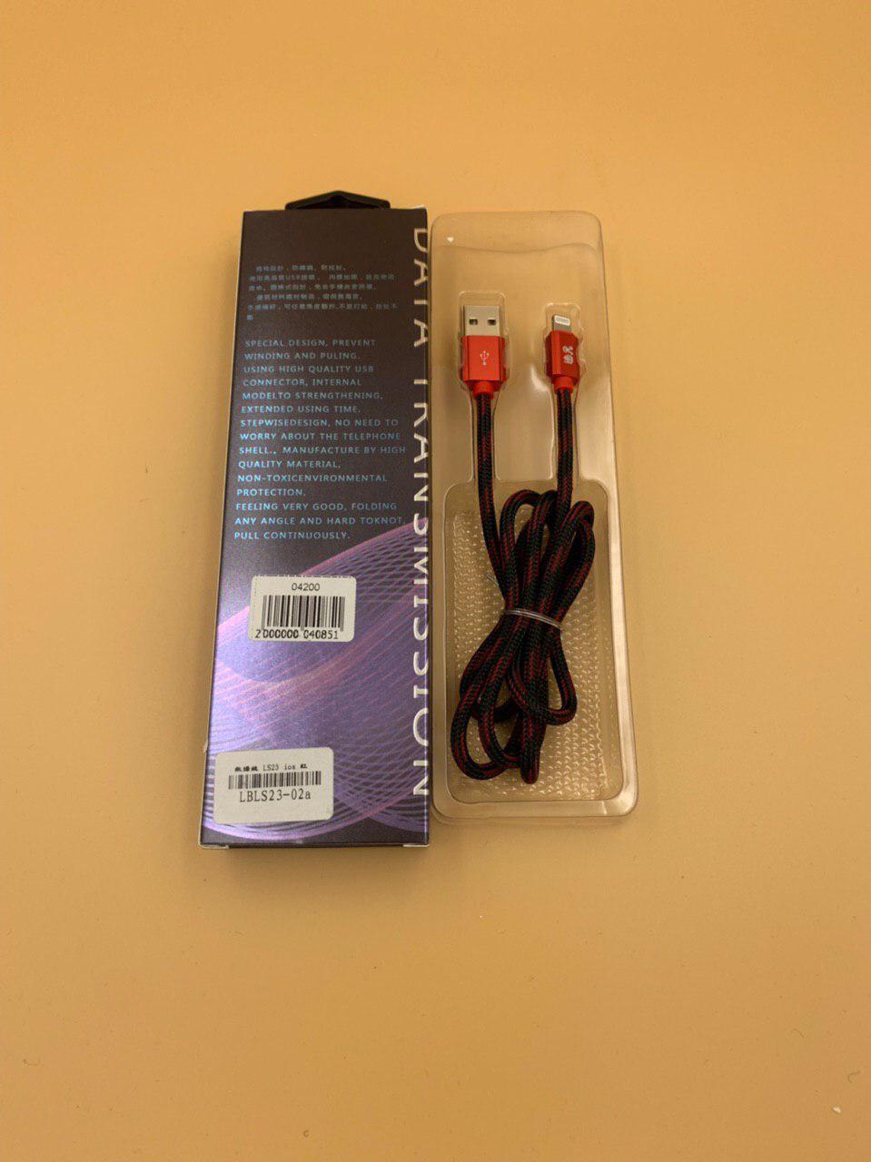 Кабель USB-Lighting LS23, 1м, тканевый, ЧЕРНЫЙ/КРАСНЫЙ + упак. 