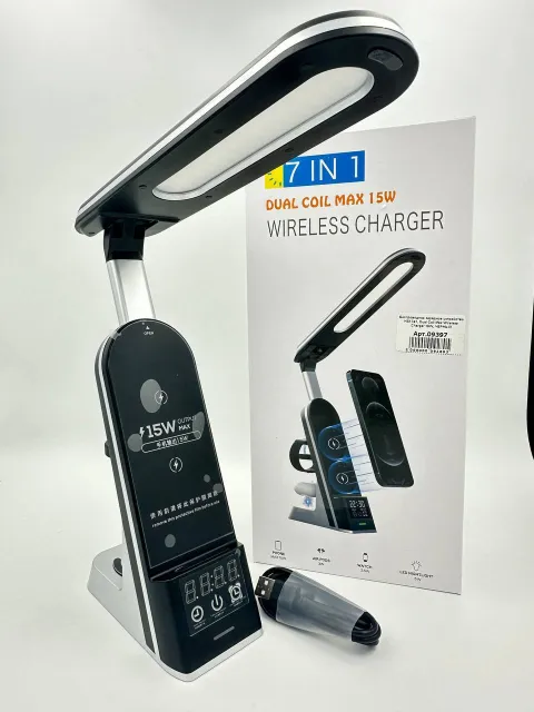 Беспроводное зарядное устройство H33 7в1, Dual Coil Max 15W (iWatch/AirPods/iPhone+лампа+часы), арт. 09397