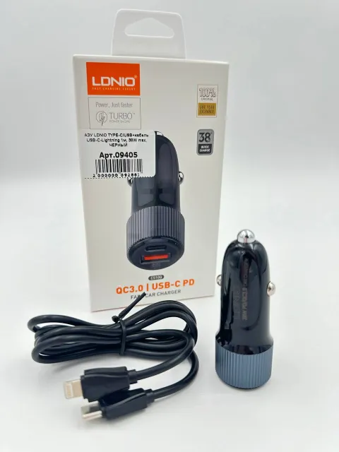 АЗУ LDNIO TYPE-C/USB+кабель USB-C-Lightning 1м, 38W max, ЧЕРНЫЙ, арт. 09405