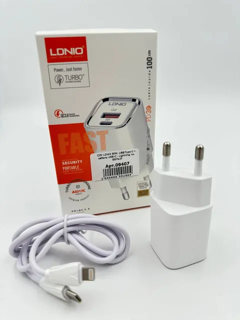 СЗУ LDNIO 30W, USB/Type-C + кабель USB-C - Lightning 1м, (A2317C), БЕЛЫЙ, арт. 09407