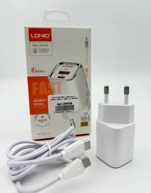 СЗУ LDNIO 30W, USB/Type-C + кабель USB-C - USB-C 1м, (A2317C), БЕЛЫЙ, арт. 09408