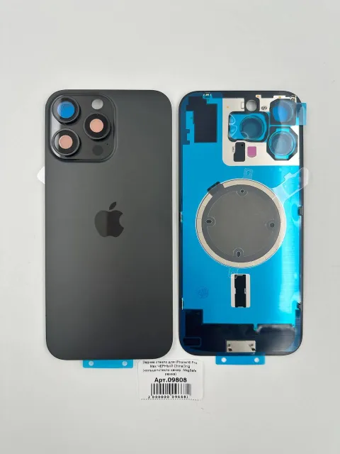 Заднее стекло для iPhone16 Pro Max ЧЕРНЫЙ ChinaOrig (кольцо+стекло камер, MagSafe, рамка), для iPhone 16 Pro Max, арт. 09808