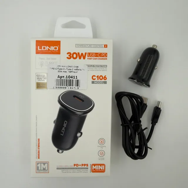 АЗУ mini LDNIO C106 TYPE-C/Type-C--Type-C кабель 1м, 30W max, ЧЕРНЫЙ, арт. 10411